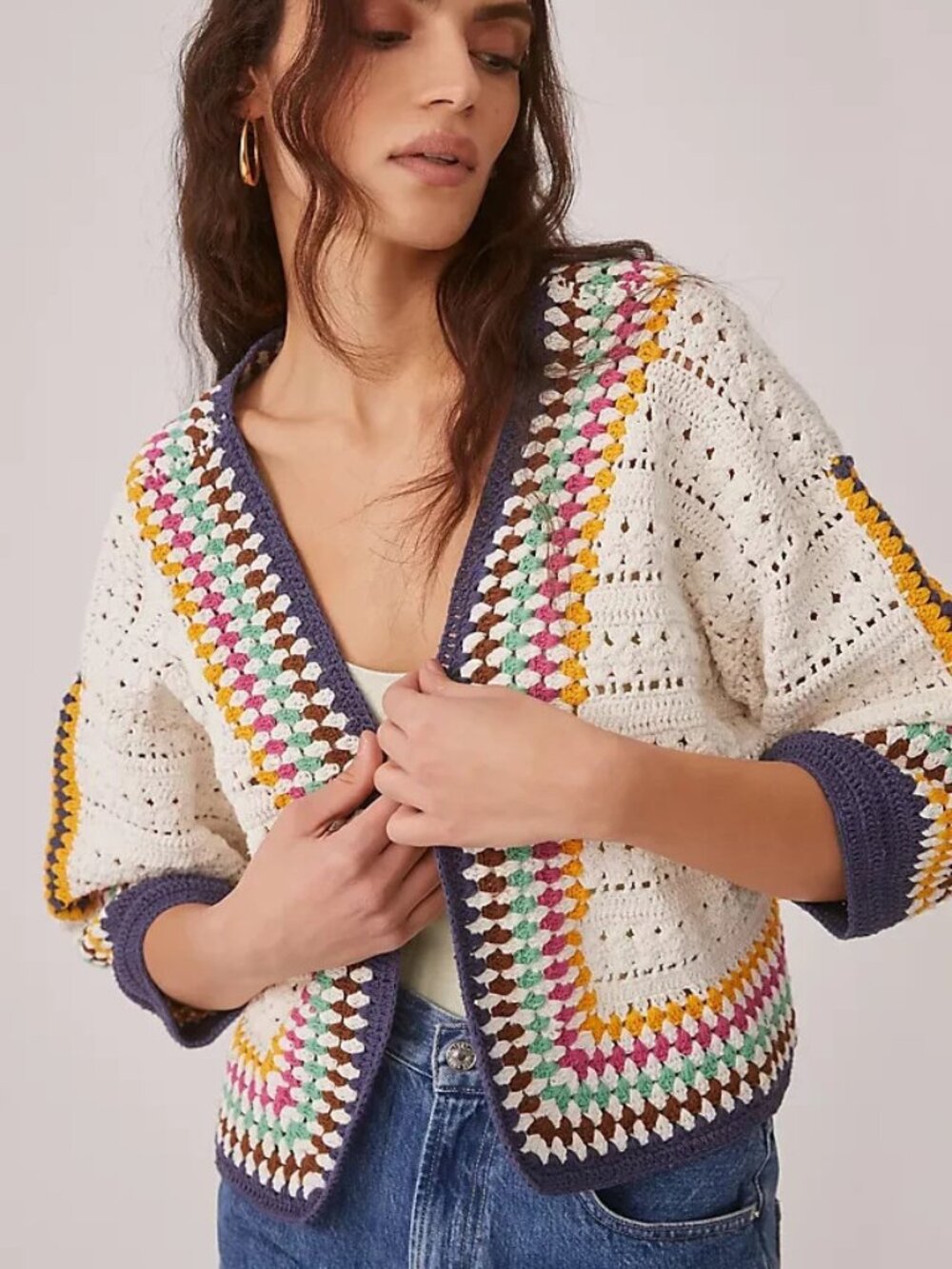 Anthropologie Maeve Cropped Crochet Cardigan Colorful 100% Cotton One Size